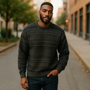 Van‎ Heusen Black and Gray Crewneck Sweater with Nordic Patterns Vintage Large